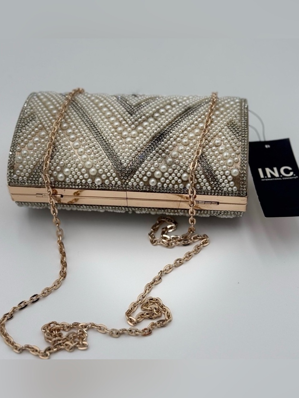 NWT I.N.C. Pearl-Embellished Ivory Clutch Gold Chain Pearl Crossbody Retail $129